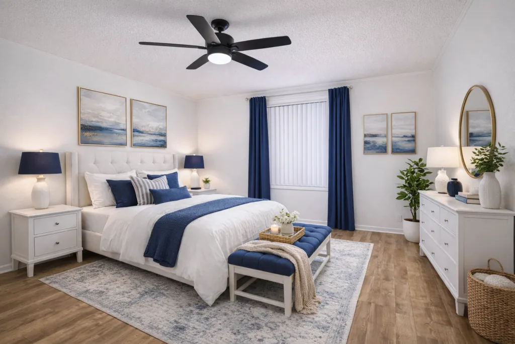 Bright furnished bedroom with blue accents at Live Oak Apartments