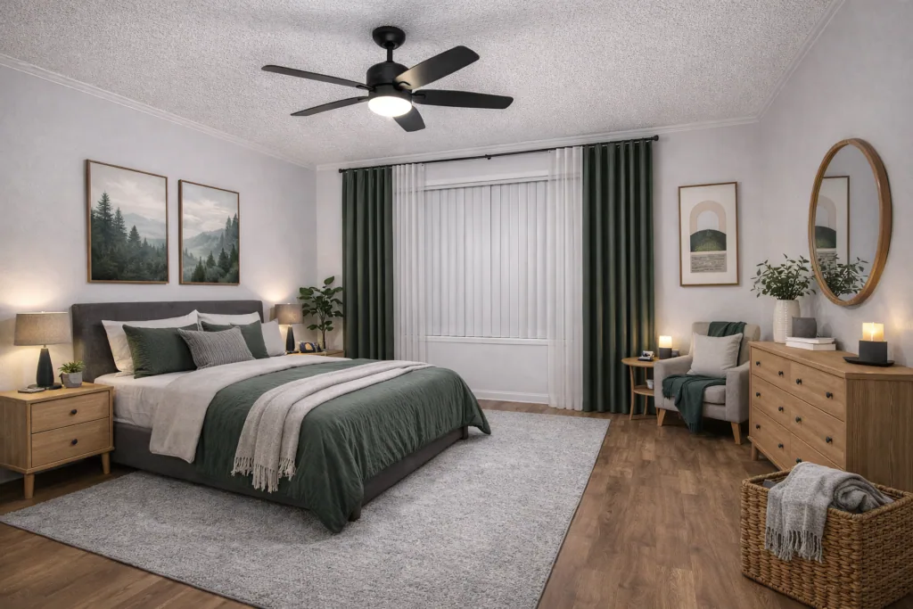 Furnished bedroom with green accents at Live Oak Apartments