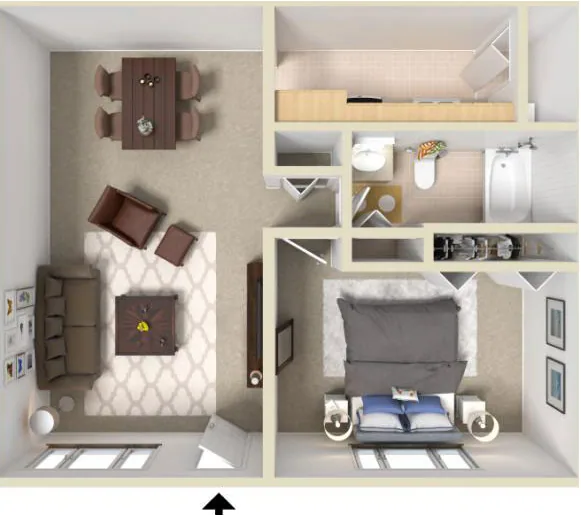 One-bedroom apartment floor plan with one bathroom