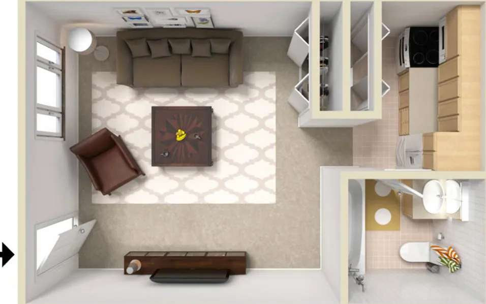 Studio apartment floor plan with one bathroom and an open living area
