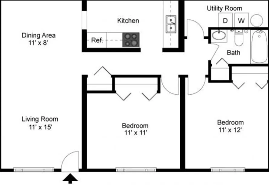Two-bedroom apartment floor plan with one bathroom