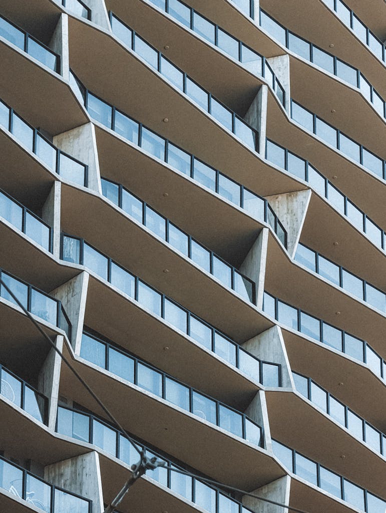 Close-up of modern building architecture with angular balconies in Tampa, Florida.